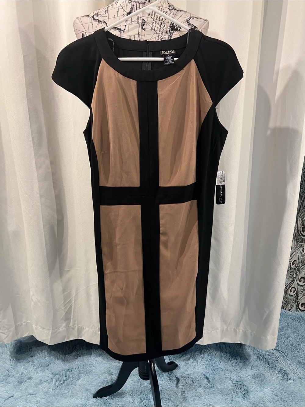 Soho Apparel Black and Tan Panel Midi Sheath Dress